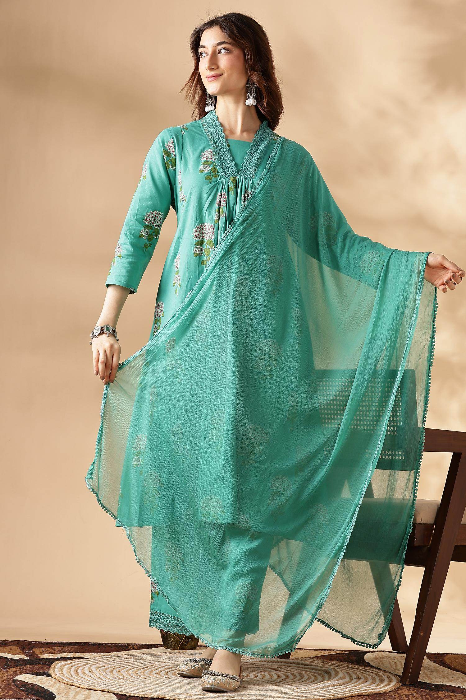 Karishma Cotton Green Kurta Set with Dupatta - BulBul