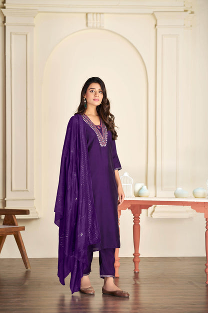 Tapasya Silk Purple Kurta Set with Dupatta - BulBul