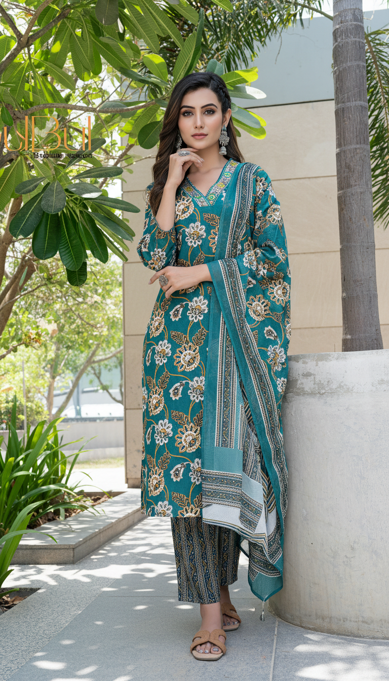 Pure Cotton Fashionista Green Floral Printed Kurta Set with Thread & Sequin Embellished V-Neckline and Dupatta