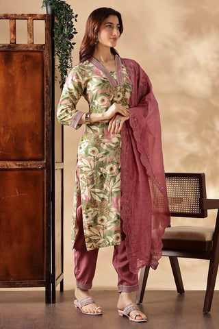 Aafiya Green Rayon Kurta Set with Dupatta - BulBul