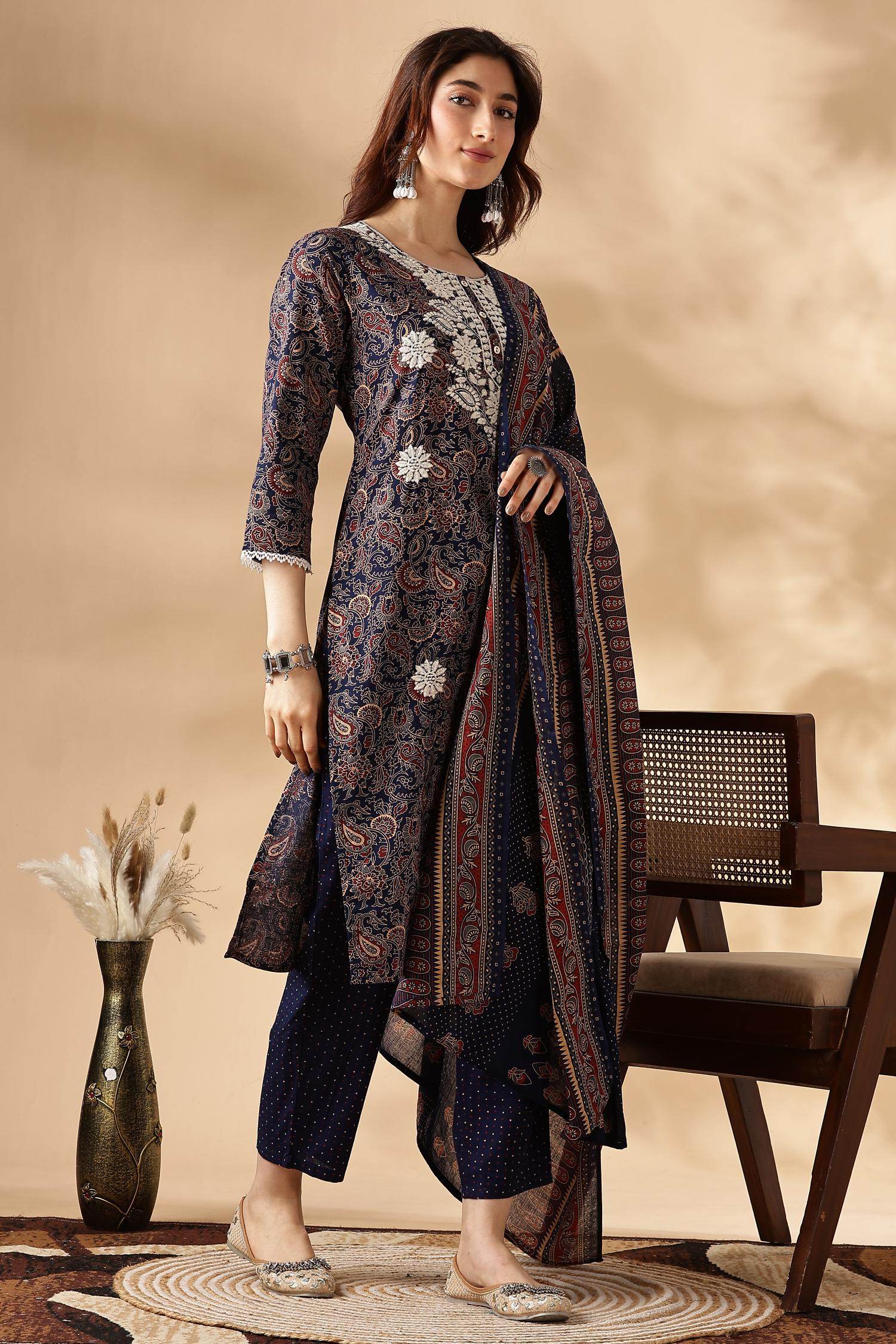 Embroidered Cotton Navy Kurta Set with Dupatta - BulBul