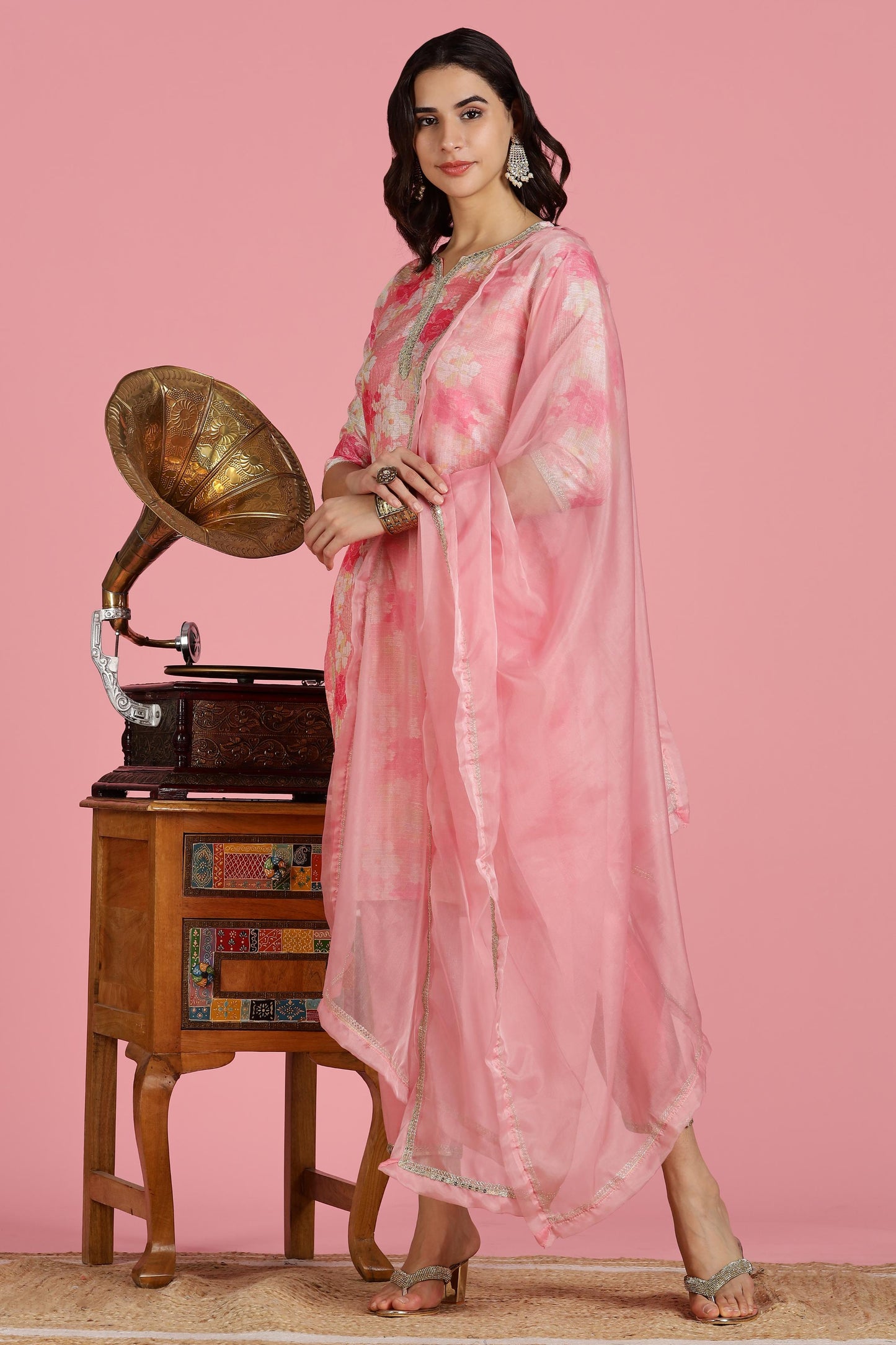 Women Peach Kota Doriya Kurta Set with Dupatta