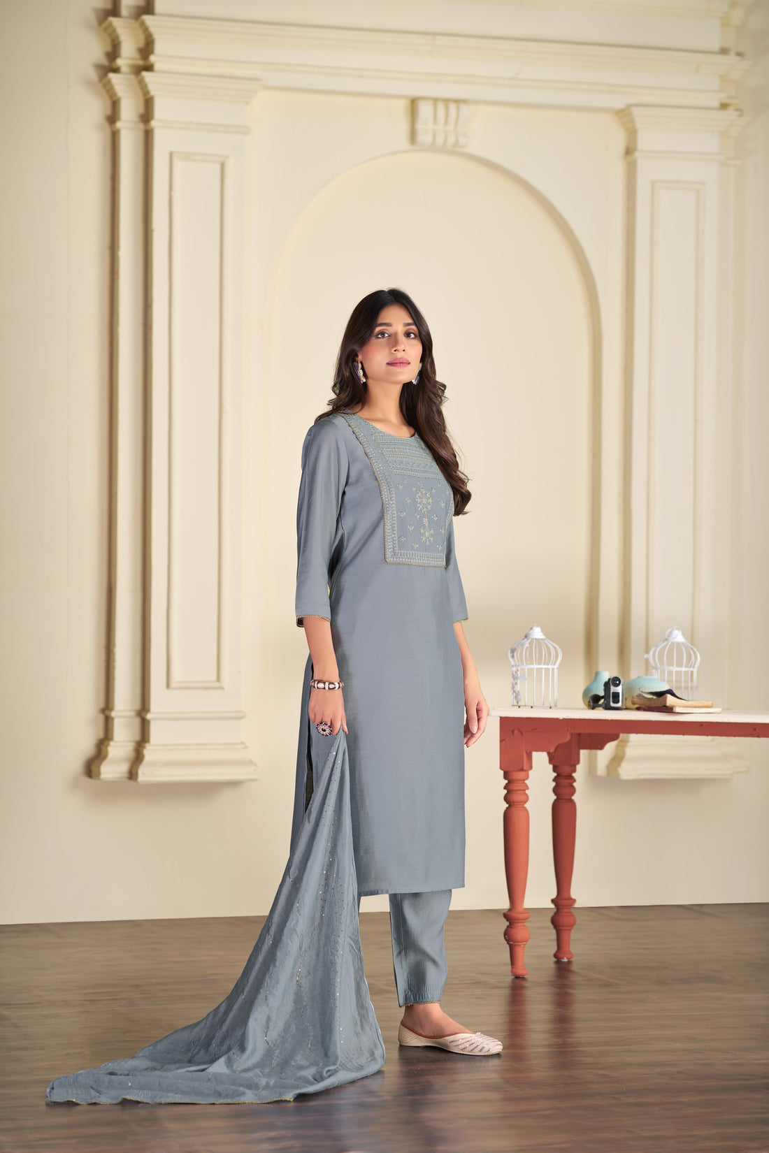 Aadvi Grey Handcrafted Sequin & Thread Embroidered Yoke Design Salwar Suit with Sequin Dupatta in Chanderi Silk with Cotton Mul Lining