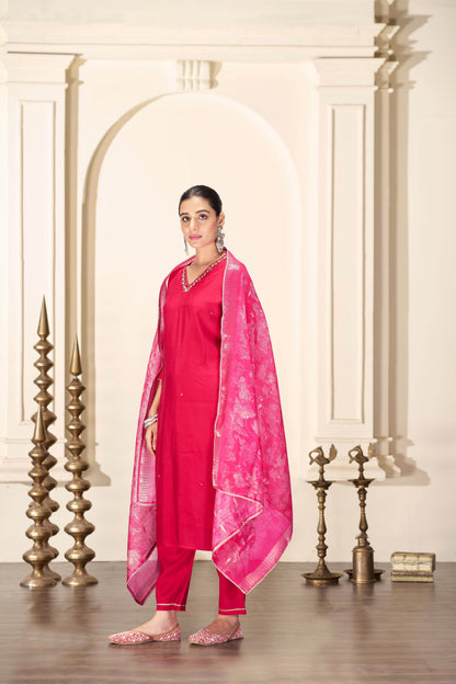 Nirjari Red Silk Kurta Set with Dupatta - BulBul