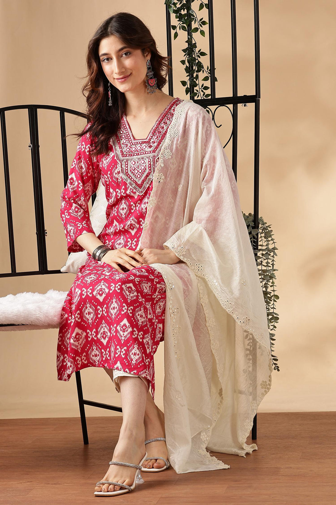 Sagarika Printed Red & Off White Salwar Suit with Hand Embroidered Mirror Work Neckline in Viscose