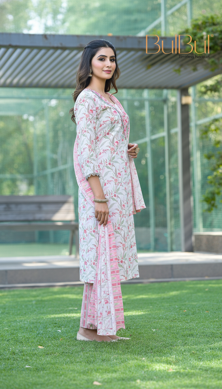 Pure Cotton Fashionista Red Floral Printed Kurta Set with Mirror & Thread Embroidered Neckline