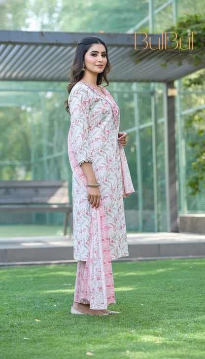 Pure Cotton Fashionista Red Floral Printed Kurta Set with Mirror & Thread Embroidered Neckline