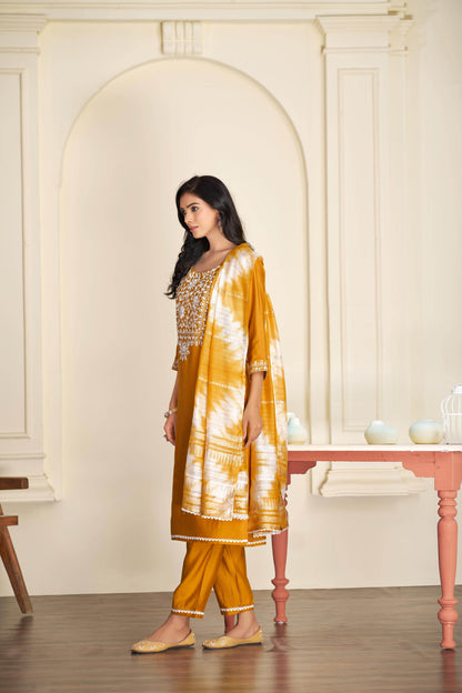 Shreya Silk Mustard Kurta Set with Dupatta - BulBul