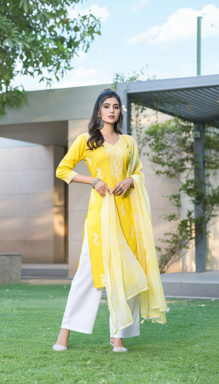 Pooja Sunshine Yellow Viscose Kurta Set with Lucknowi Style White Paisley Embroidery and Dupatta