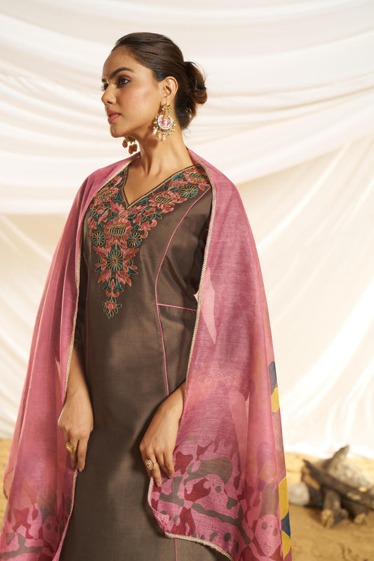 Kayra Brown Hand Bead-Finished Embroidered A-Line Suit Set in Chinnon Silk with Pure Cotton Mul Lining