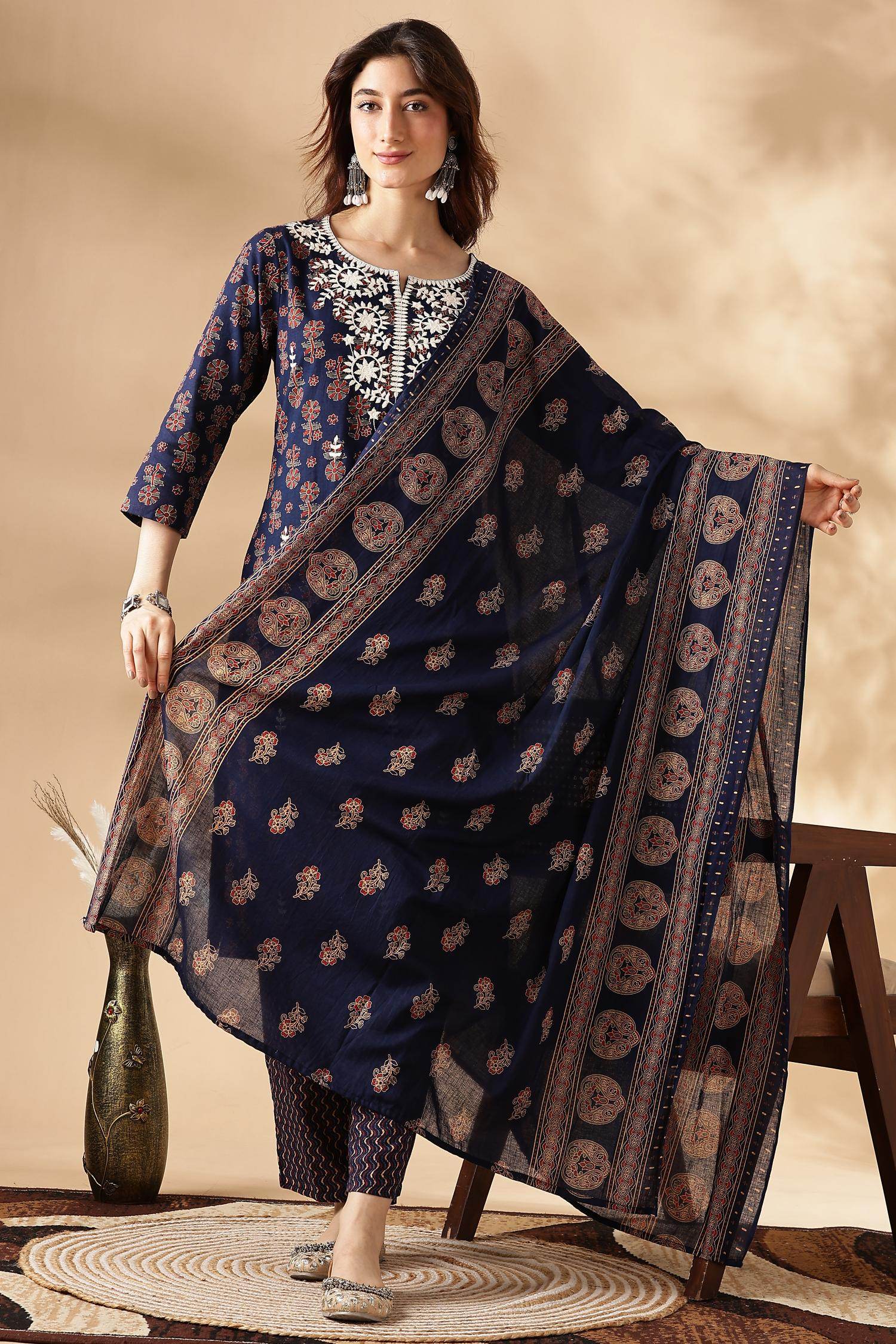 Navy Blue Cotton Kurta Set with Dupatta - BulBul