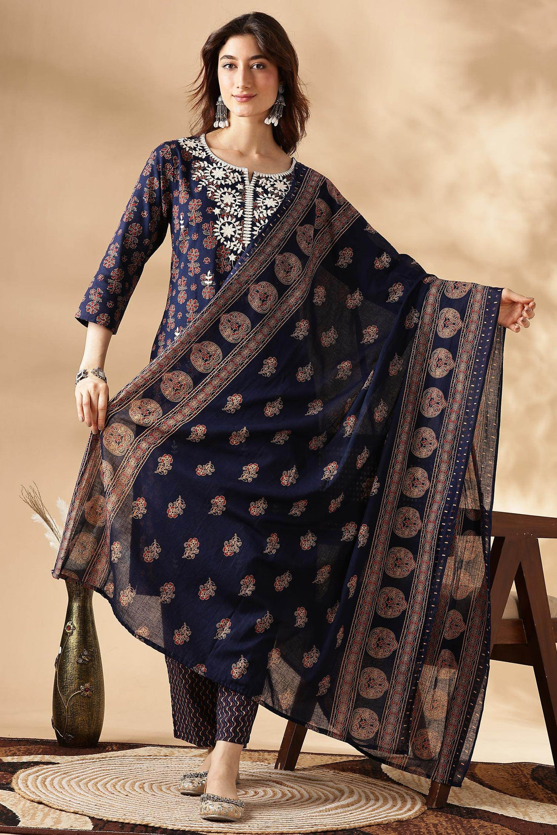 Navy Blue Cotton Kurta Set with Dupatta - BulBul