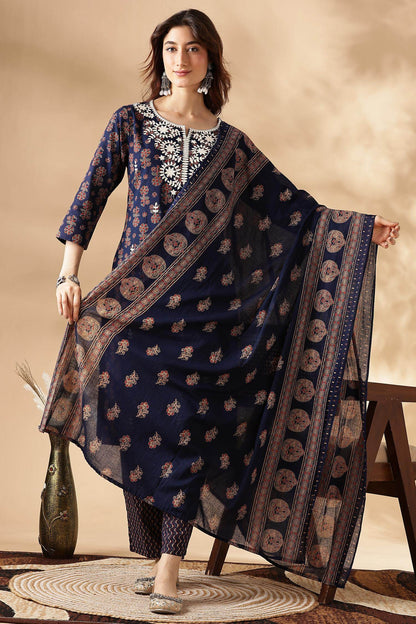 Navy Blue Cotton Kurta Set with Dupatta - BulBul