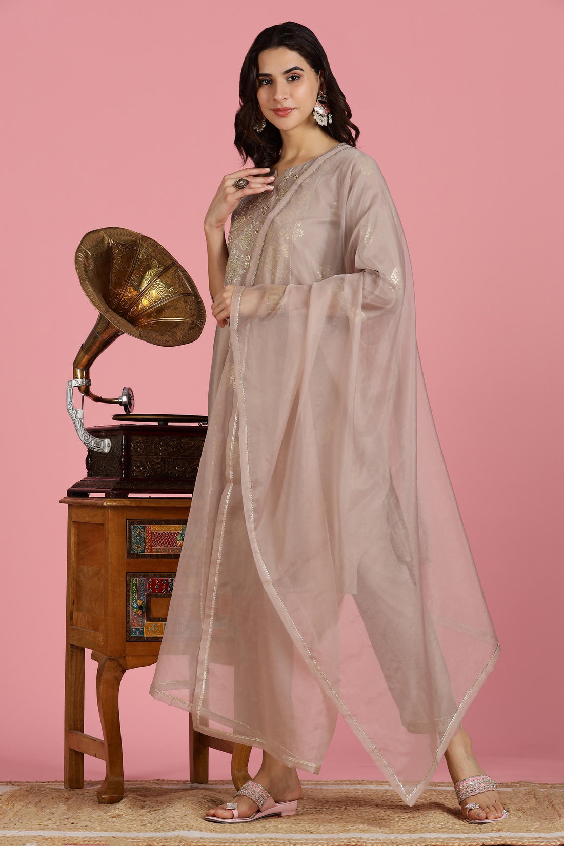 Mocha Mousse Chanderi Silk Kurta Set with Zari Resham Embroidered Yoke and Gold Foil Floral Print with Dupatta