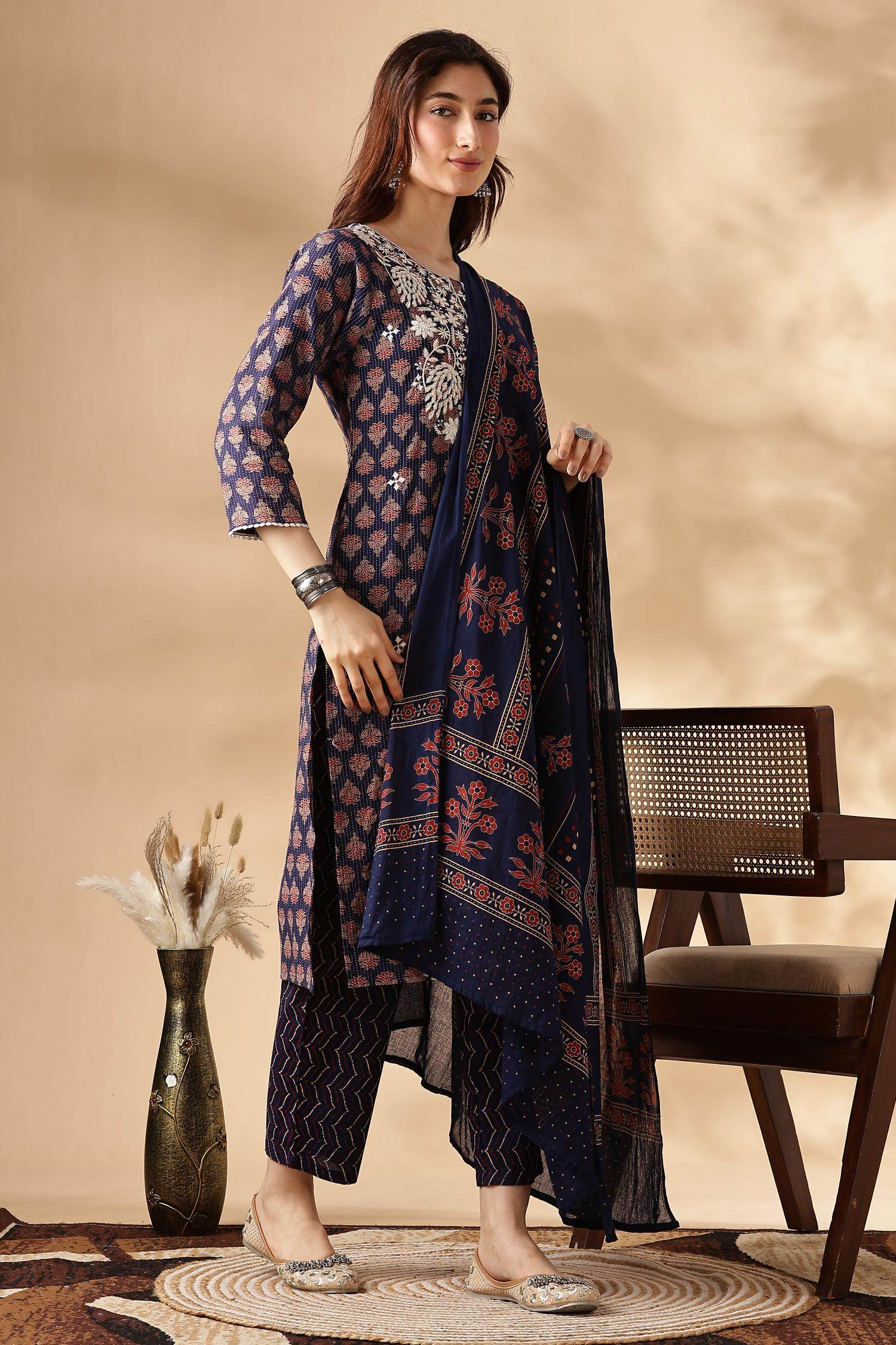 Navy Cotton Abstract Kurta Set with Dupatta - BulBul