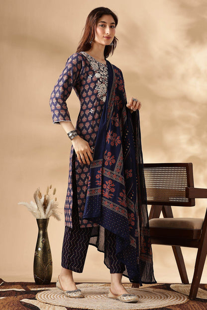 Navy Cotton Abstract Kurta Set with Dupatta - BulBul