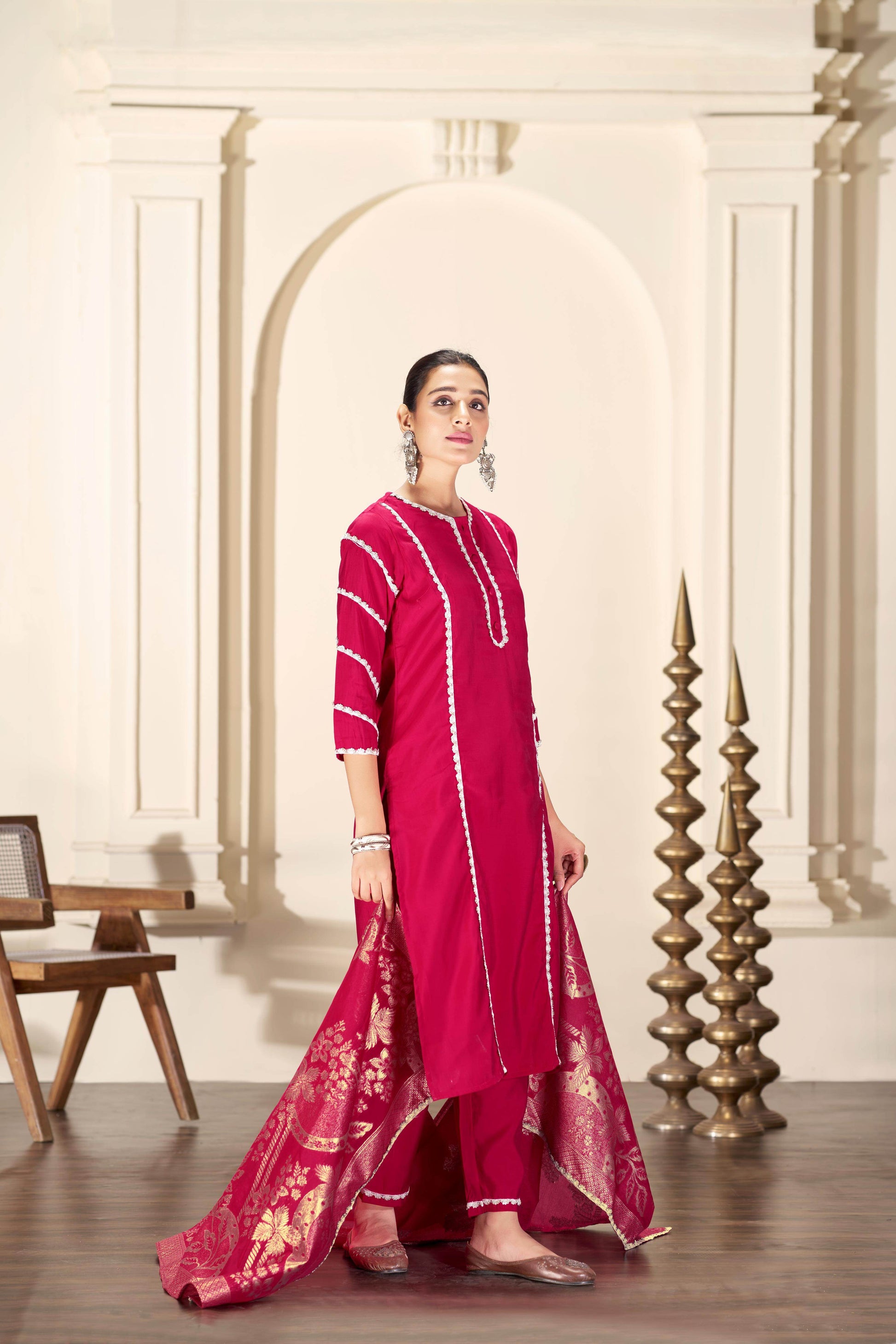 Almina Red Silk Kurta Set with Dupatta - BulBul