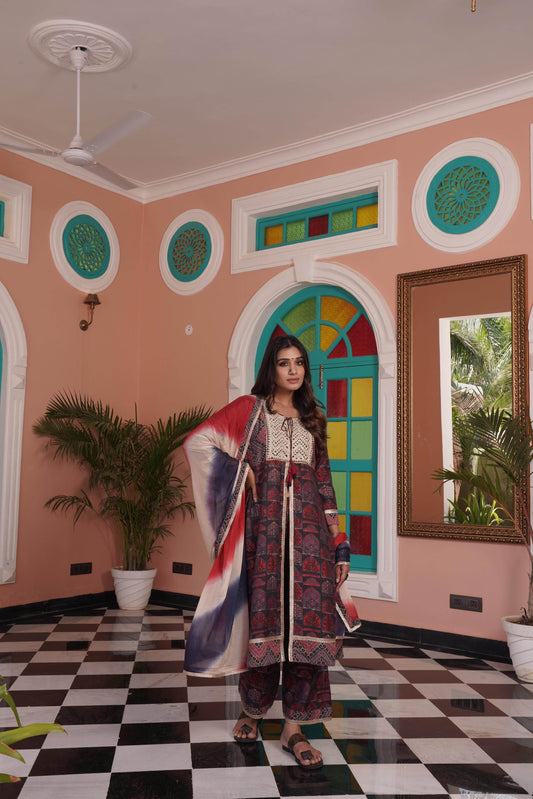 Sarita Chanderi Red Kurta Set with Dupatta - BulBul