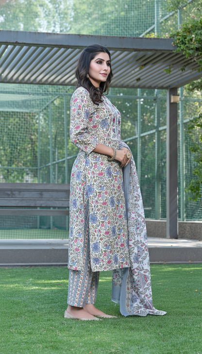 Pure Cotton Grey Printed Kurta Set with Intricate Thread Embroidery & Mirror Work Neckline with Dupatta