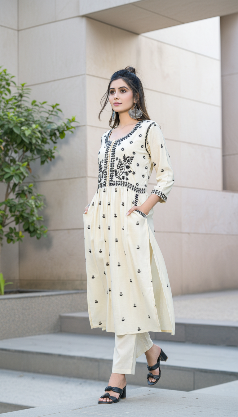 Meenaxi Beige Viscose Kurta Set with Mughal-Inspired Embroidery Work