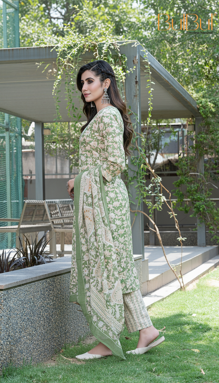 Pure Cotton Green Printed Kurta Set with Floral Sequin Highlights & Dupatta