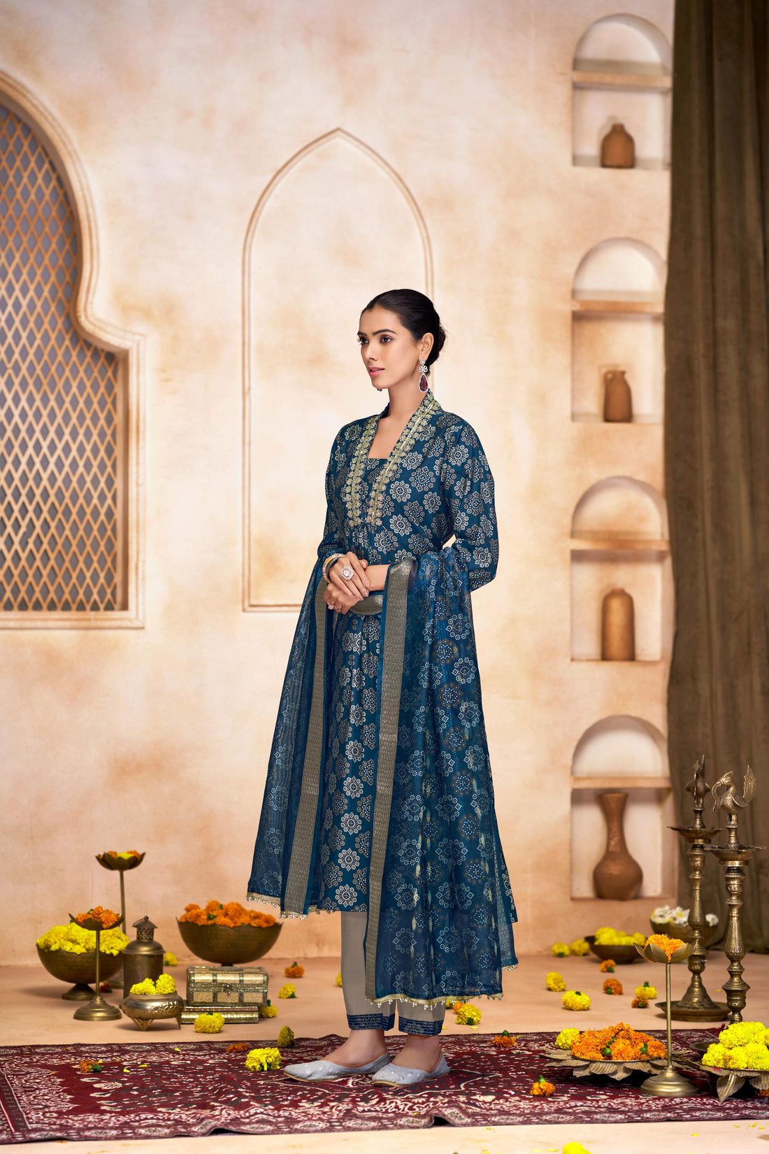 Rashmi Blue Ethnic Motif Print Hand Embellished, Sequins and Bugle Bead Work Suit Set in Chanderi Silk with Pure Cotton Mul Lining