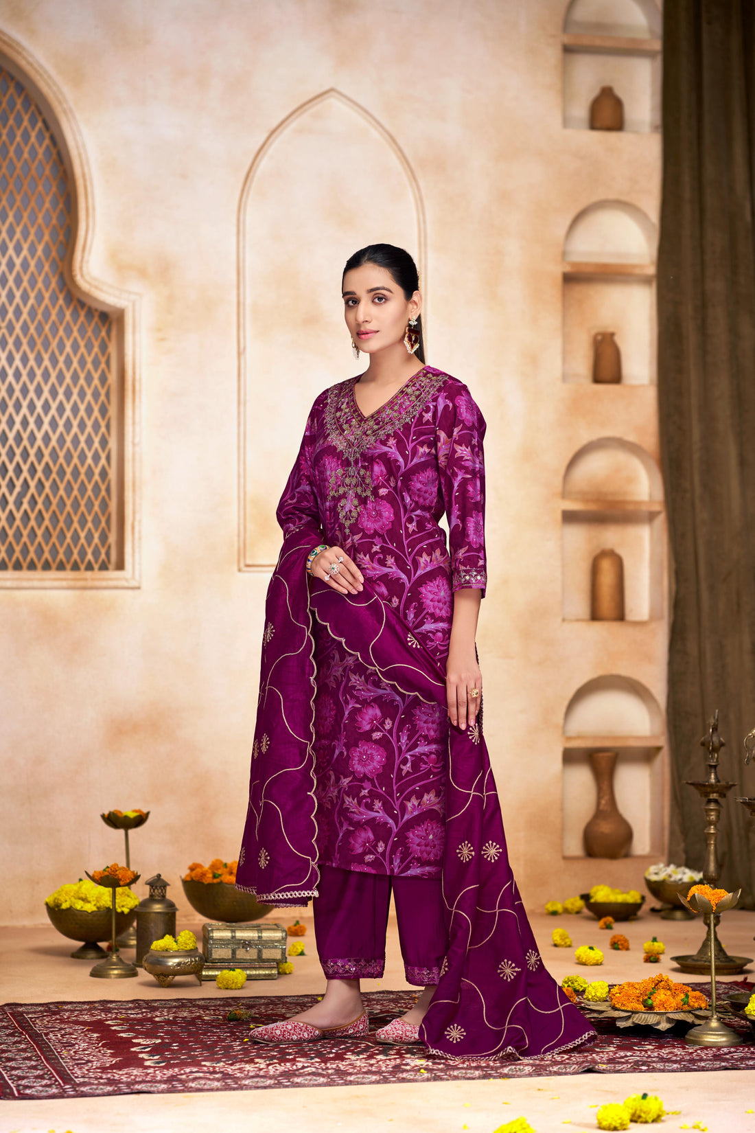 Rashmi Pink Hand Sequins and Bead Embellished Neckline and Zari Work Suit Set in Chanderi Silk with Pure Cotton Mul Lining