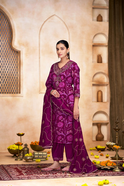 Rashmi Pink Hand Sequins and Bead Embellished Neckline and Zari Work Suit Set in Chanderi Silk with Pure Cotton Mul Lining