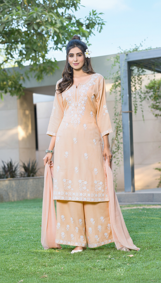 Meher Peach Rayon Kurta Set with Chikankari White Floral Embroidery and Dupatta