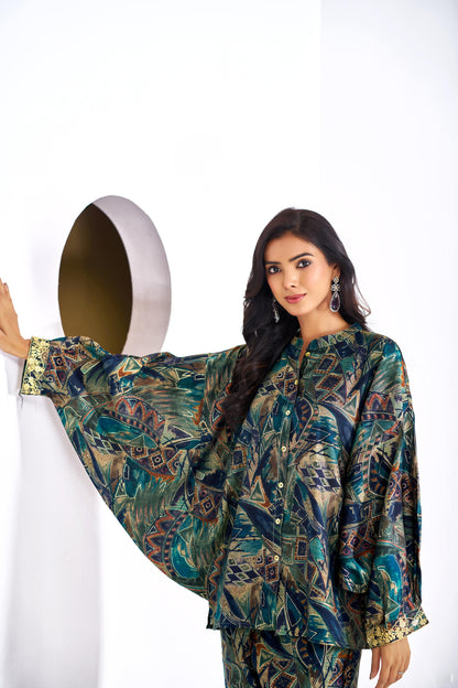 Mehzabin Teal Modal Chanderi Co-Ord Set with Zari Embroidered Sequin Cuffs and Statement Bell Sleeves