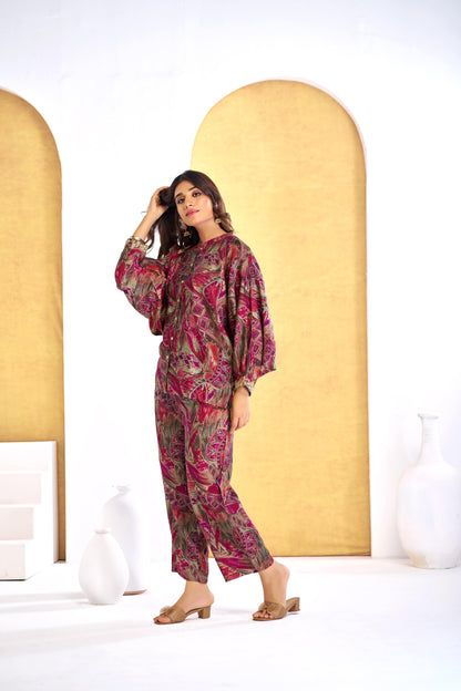 Mehzabin Red Modal Chanderi Co-Ord Set with Zari Embroidered Sequin Cuffs and Statement Bell Sleeves