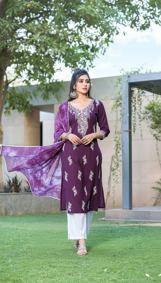 Pooja Purple Viscose Kurta Set with Lucknowi Style White Paisley Embroidery and Dupatta