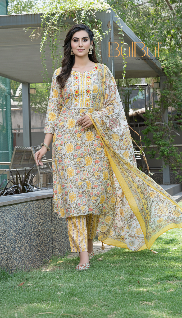 Pure Cotton Mustard Printed Kurta Set with Intricate Thread Embroidery & Mirror Work Neckline with Dupatta