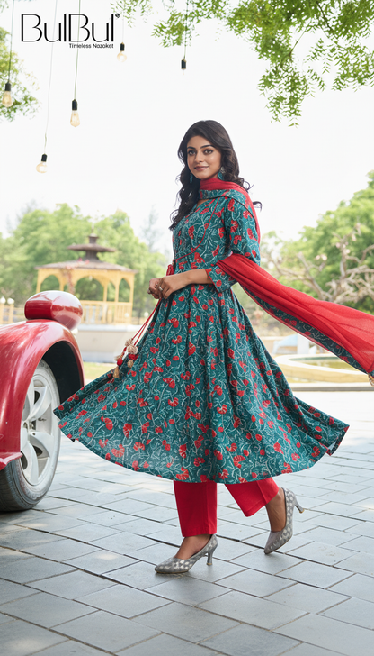 Anupama Blue Floral Printed Pure Cotton Kurta Set with Thread Embroidery and Handcrafted Sequin Work with Dupatta