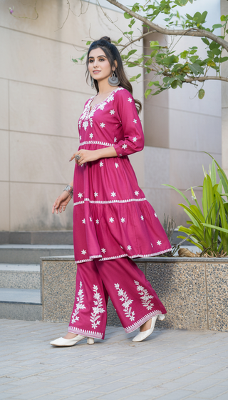 Dhawani Wine Viscose Co-Ord Set with White Floral Thread Embroidery