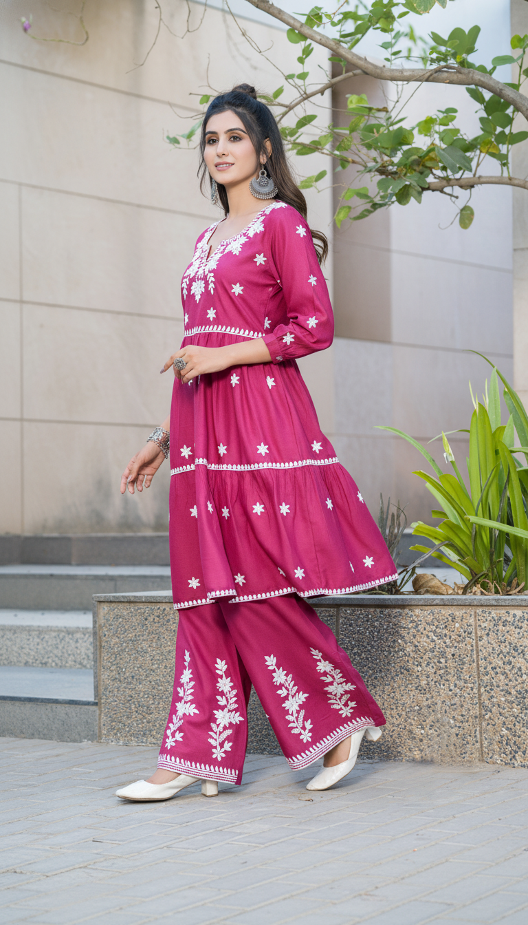 Dhawani Wine Viscose Co-Ord Set with White Floral Thread Embroidery