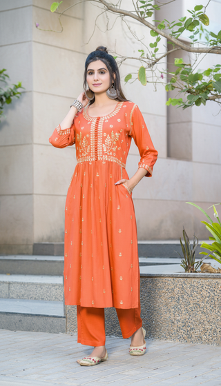 Meenaxi Rust Viscose Kurta Set with Mughal-Inspired Embroidery Work