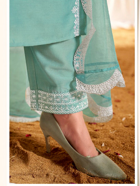 Kayra Aqua Hand Aari Embroidered A-Line Suit Set in Chinnon Silk with Pure Cotton Mul Lining
