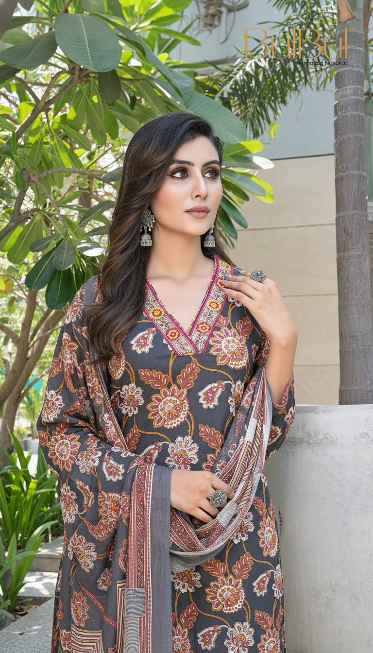 Pure Cotton Fashionista Black Floral Printed Kurta Set with Thread & Sequin Embellished V-Neckline and Dupatta