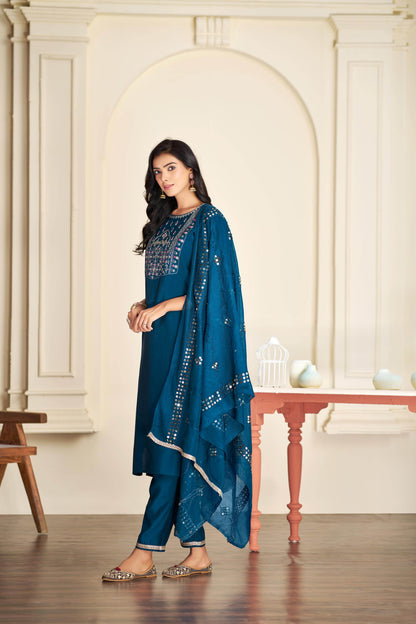 Prachi Silk Teal Kurta Set with Dupatta - BulBul