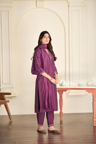 Nakshatra Purple Silk Kurta Set with Dupatta - BulBul