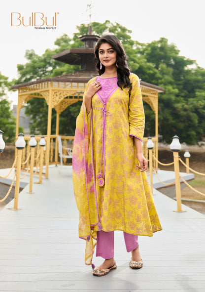 Printed Pure Karina Mustard Floral Cotton Kurta Set with Embroidered and Mirror Work Neckline, Tassel Detailing and Dupatta