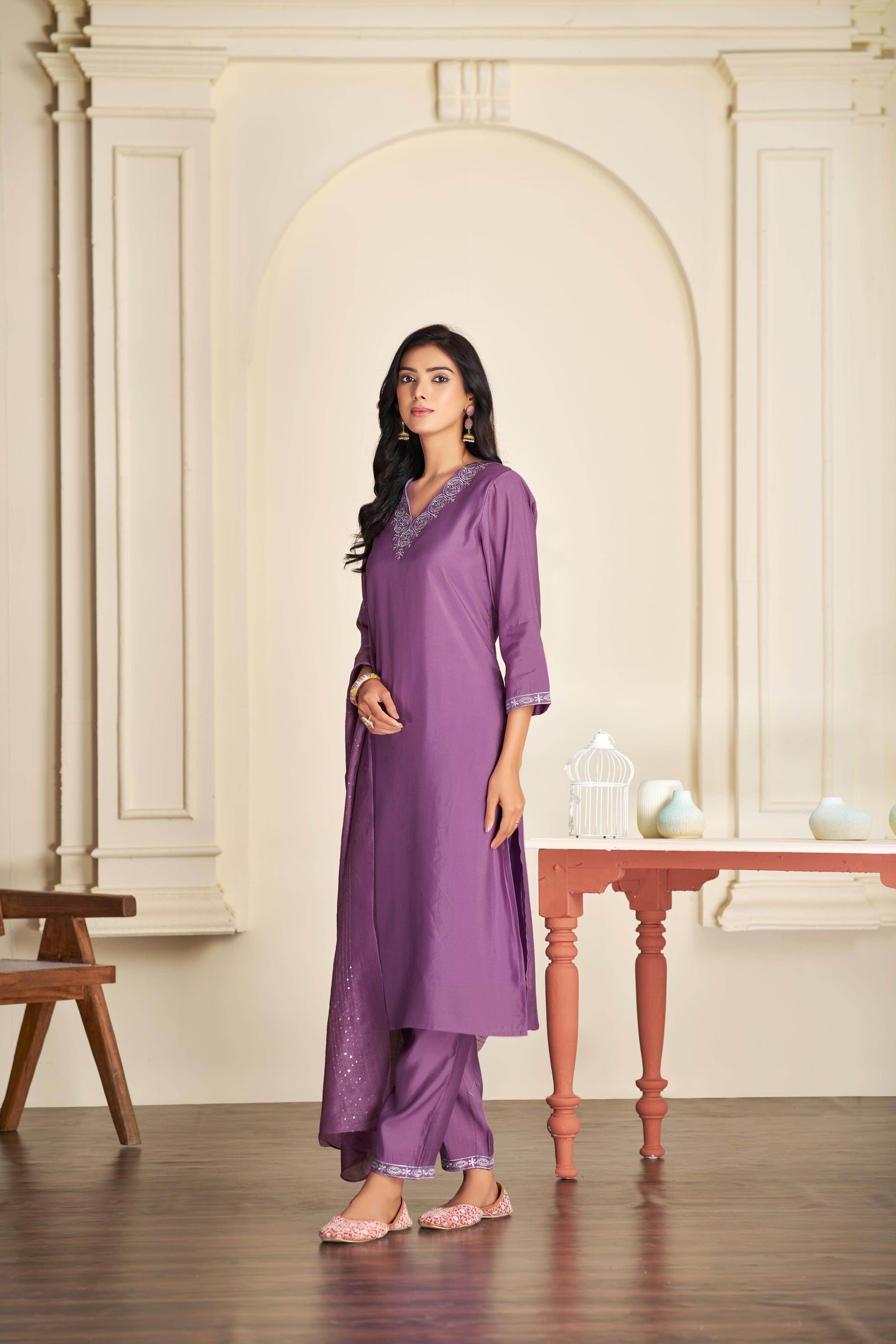 Mira Purple Silk Kurta Set with Dupatta - BulBul
