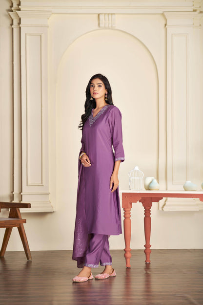 Mira Purple Silk Kurta Set with Dupatta - BulBul