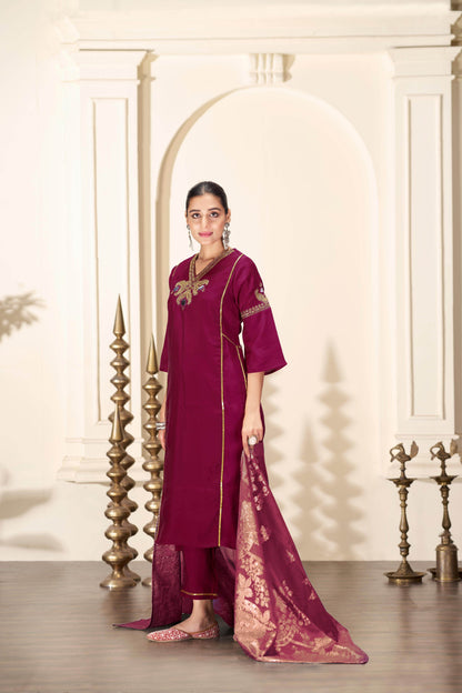 Shruti Silk Wine Kurta Set with Dupatta - BulBul
