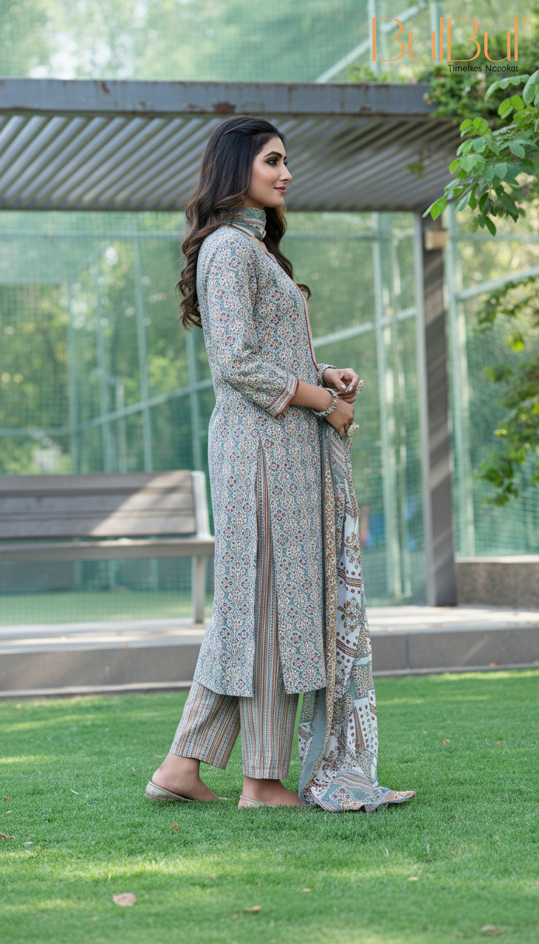Pure Cotton Fashionista Grey Printed Kurta Set with Thread Embroidery, Mirror & Sequin Detailed Neck Panel and Dupatta