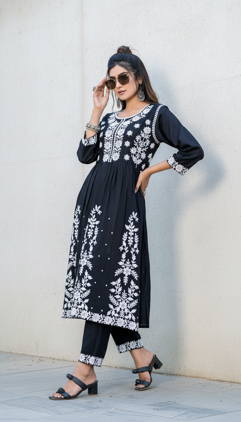 Arushi Black Rayon Kurta Set with Lucknawi Work