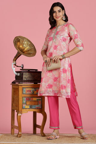 Blush Pink Floral Kota Doriya Kurta Set with Zari & Sequin Hand Embellished Neckline and Cotton Mul Lining