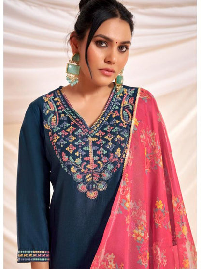 Kayra Navy Multicolor Hand Embroidered Straight Fit Suit Set in Chinnon Silk with Pure Cotton Mul Lining