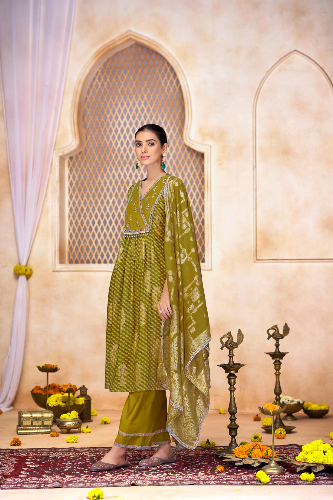 Rashmi Mehndi Green Hand Embellished Multicolor Bead and Sequins Work Suit Set in Chanderi Silk with Pure Cotton Mul Lining